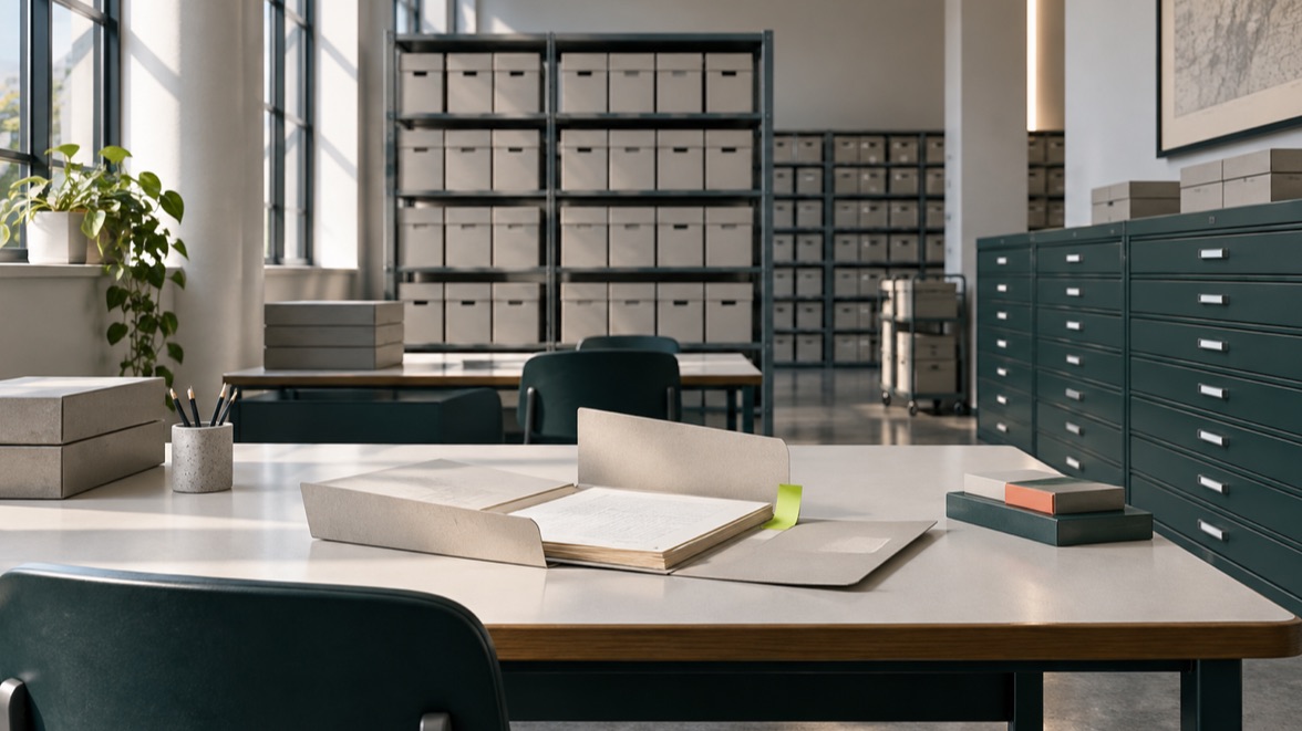 Illustrative government archive reading room with document boxes and an open folder
