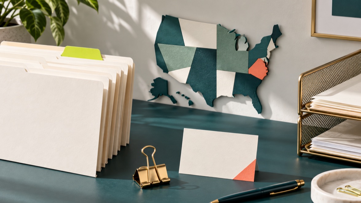Illustrative business filing desk with organized folders and an abstract state map