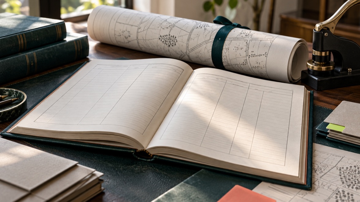 Illustrative land-record ledger with a survey roll and document press