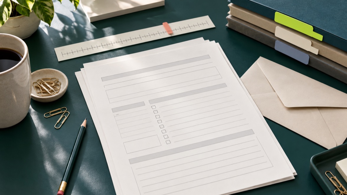 Illustrative public-record request workspace with blank forms, folders, and an envelope