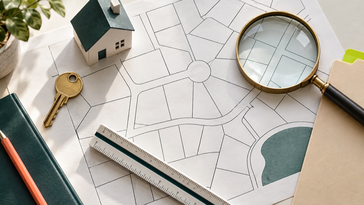 Illustrative parcel map with a house model, key, ruler, and magnifying glass