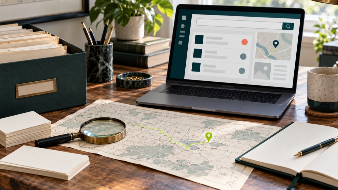 Illustrative source-first research desk with an archive box, map, notebook, and search screen