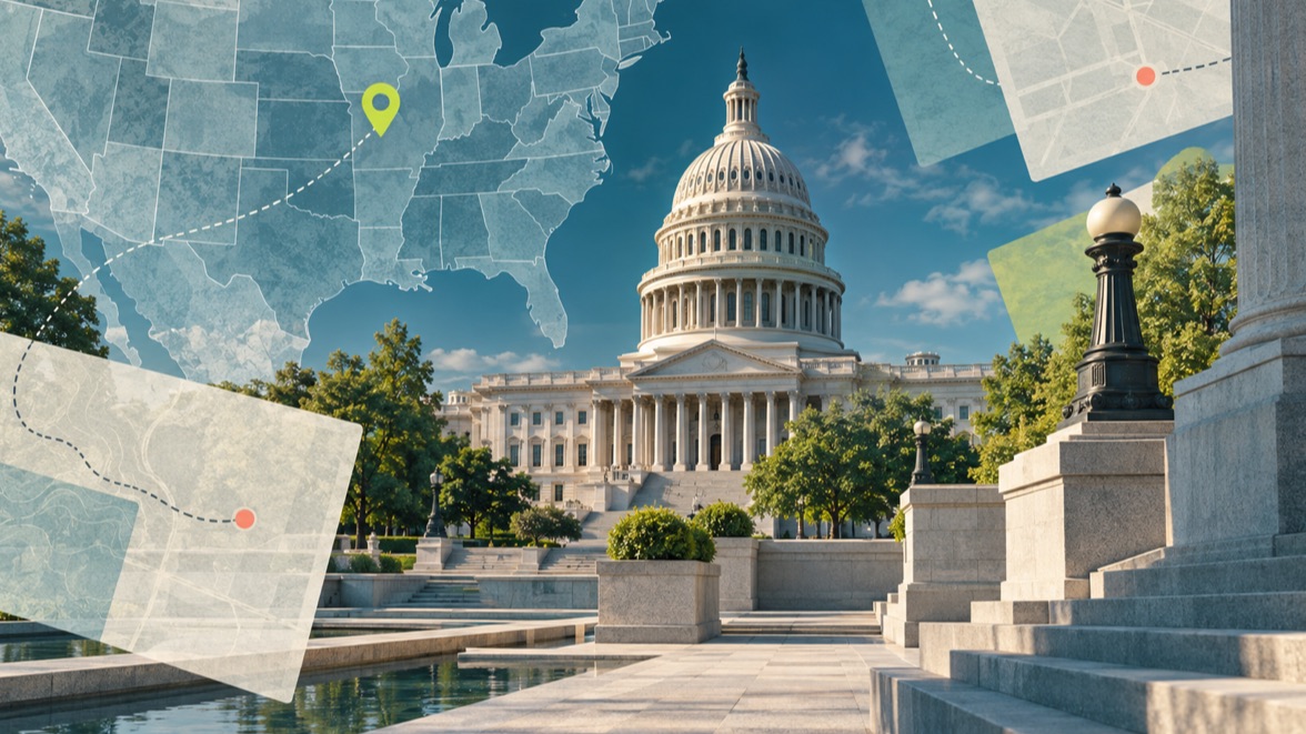 Illustrative civic building with an abstract United States routing map