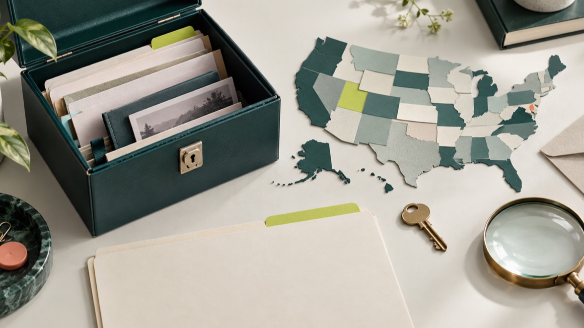 Illustrative records lockbox beside an abstract United States map and claim folder