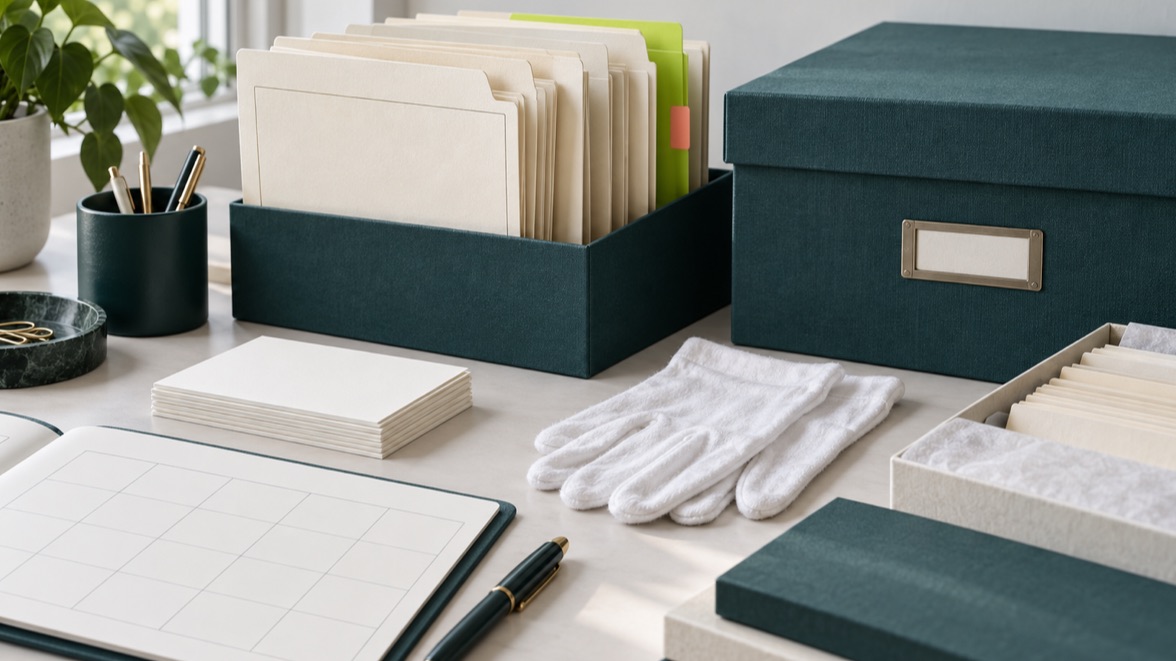 Illustrative vital-record archive with preservation folders, blank index cards, and gloves